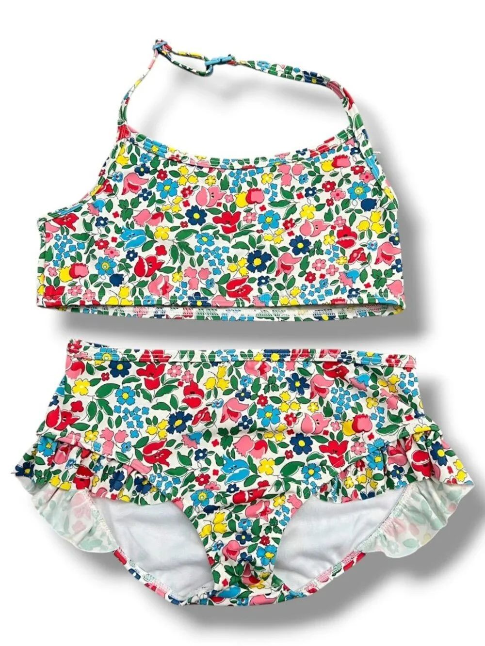 NEW Mini Boden Girls Colorful Floral Halter Top Bikini Ruffle Swimsuit 8-9Y